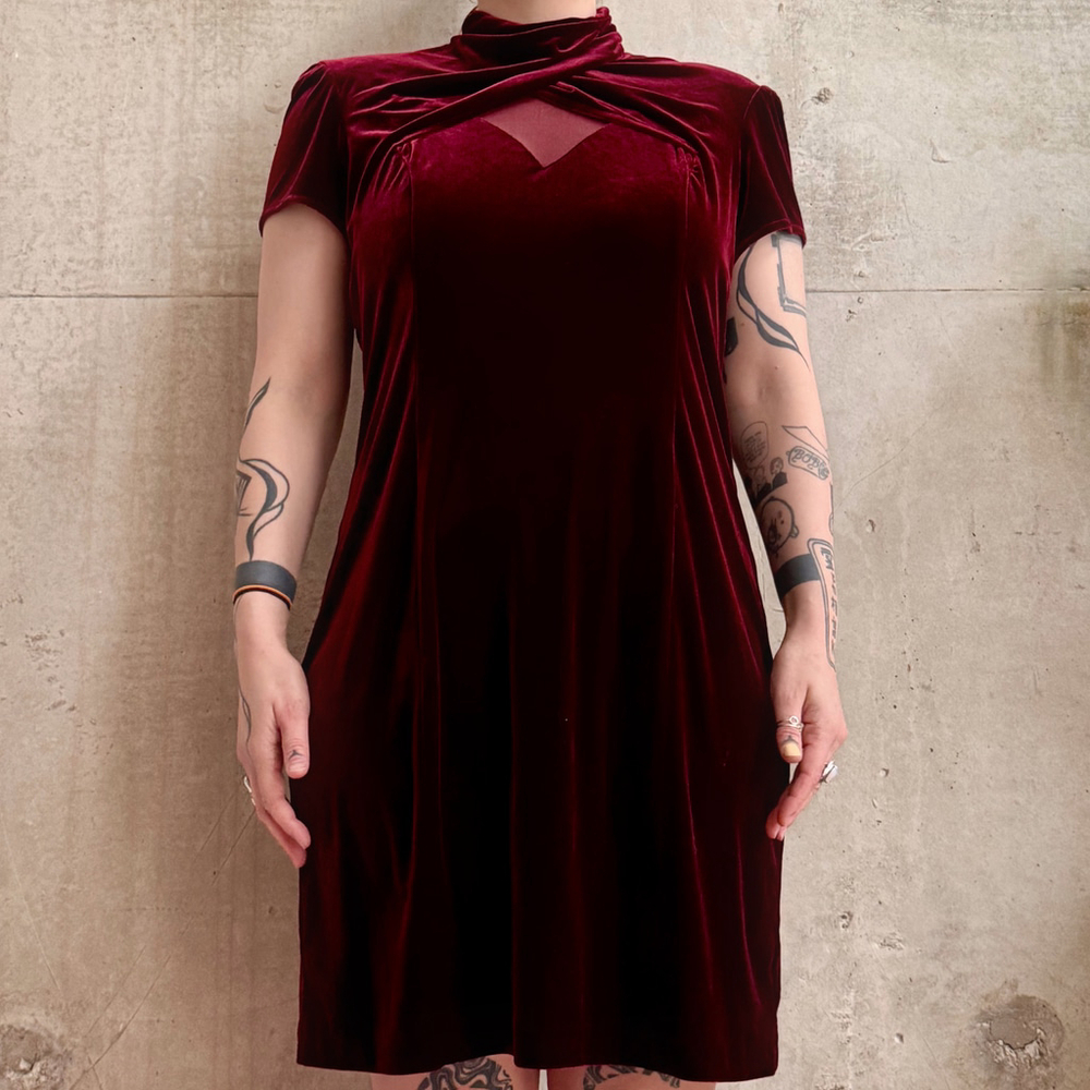 Vintage True Sweetheart Neckline Mock-neck Velvet A-line Dress, Size L